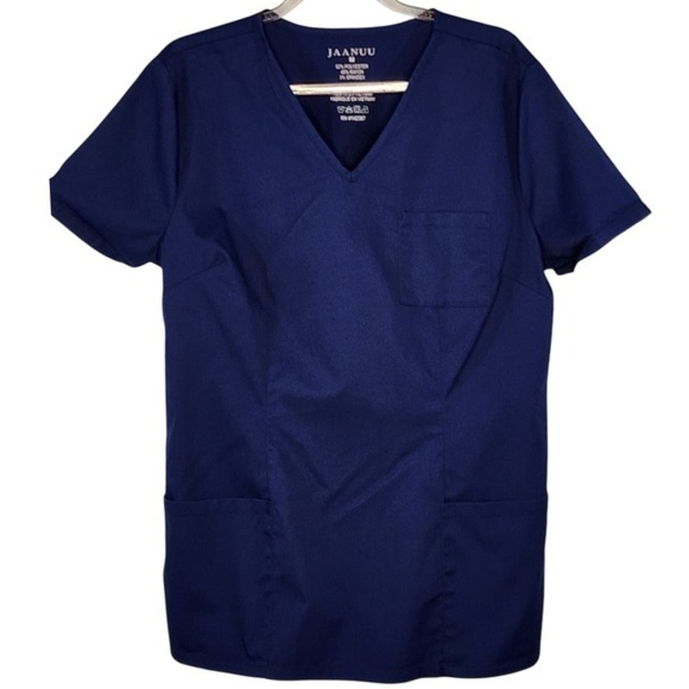 Jaanuu V Neck Scrub Top Navy Blue Short Sleeve Stretch Pocket Top M